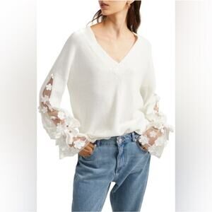 NWT French Connection Women White Sheer Floral Sleeve Sweater M Boho Feminine